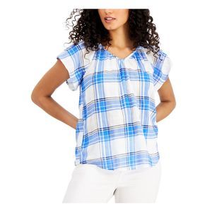 STYLE & CO. SPORT Womens Blue Curved Hem Plaid Flutter Sleeve V Neck Top S